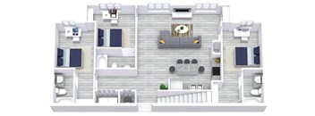 A top-down view of a two-story house with a living room, kitchen, and bedrooms.