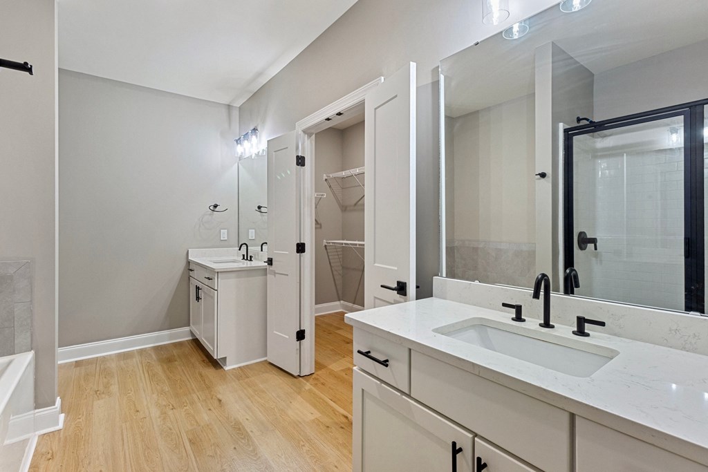 a bathroom with a sink and a mirror and a shower