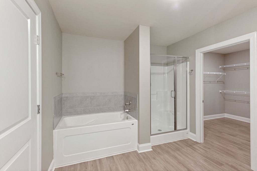 a bathroom with a tub and a shower and a closet