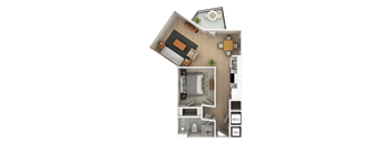 A 3D floor plan of a small apartment with a living room, kitchen, and bathroom.