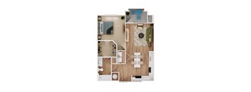 a stylized floor plan of a house with a bedroom and a living room