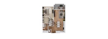 a stylized floor plan with a bedroom and a living room