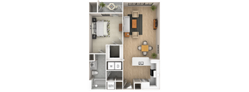 A floor plan of a small apartment with a kitchen, living room, and bathroom.