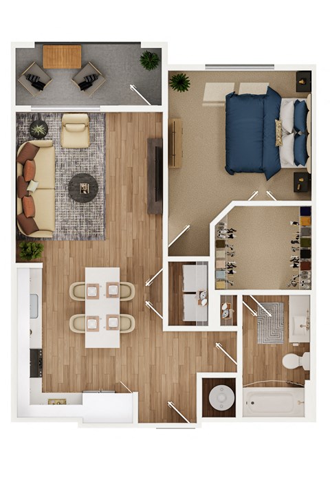 a stylized floor plan of a bedroom with furniture and a living room