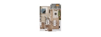 a stylized floor plan of a bedroom with a bathroom and a living room