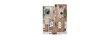 a stylized floor plan with a bedroom and a living room
