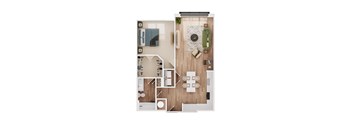 a stylized floor plan with a bedroom and a living room