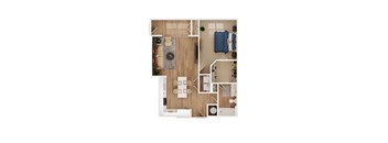 a stylized floor plan of a bedroom with a living room