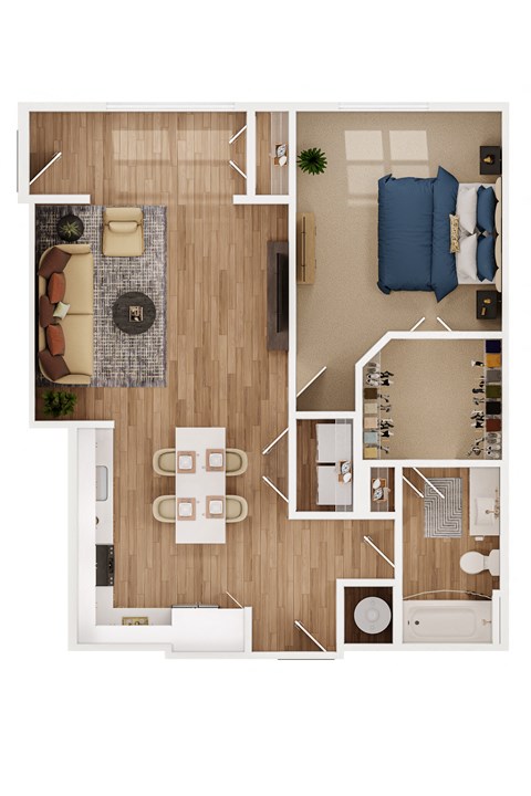 a stylized floor plan of a bedroom with a living room