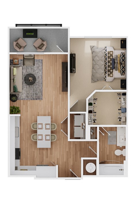 a stylized floor plan of a house with a bedroom and a living room