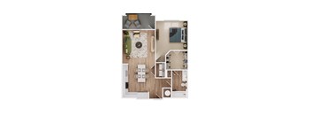 a stylized floor plan of a bedroom with a bathroom and a living room