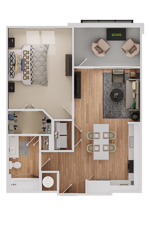 a stylized floor plan with a bedroom and a living room