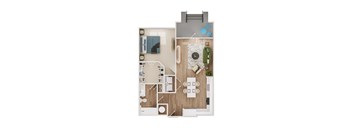 a stylized floor plan with a bedroom and a living room