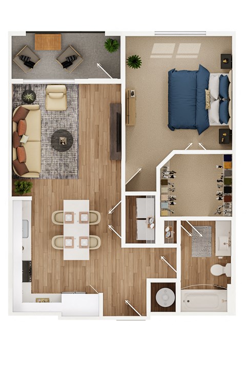 a stylized floor plan of a living room with a bedroom