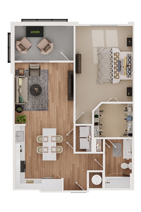 a stylized drawing of a living room with a wood floor