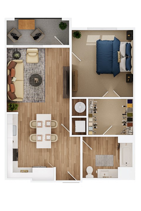 a stylized drawing of a living room with a wood floor