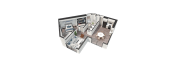 A 3D floor plan of a house with a living room, kitchen, and two bedrooms.