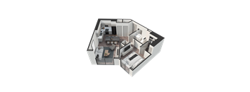 A 3D rendered image of a modern house interior.