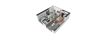 A 3D image of a modern apartment layout.