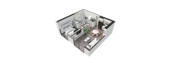 A 3D rendered image of a modern apartment layout.