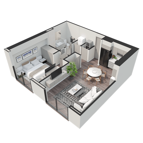 A 3D rendered image of a modern apartment layout.