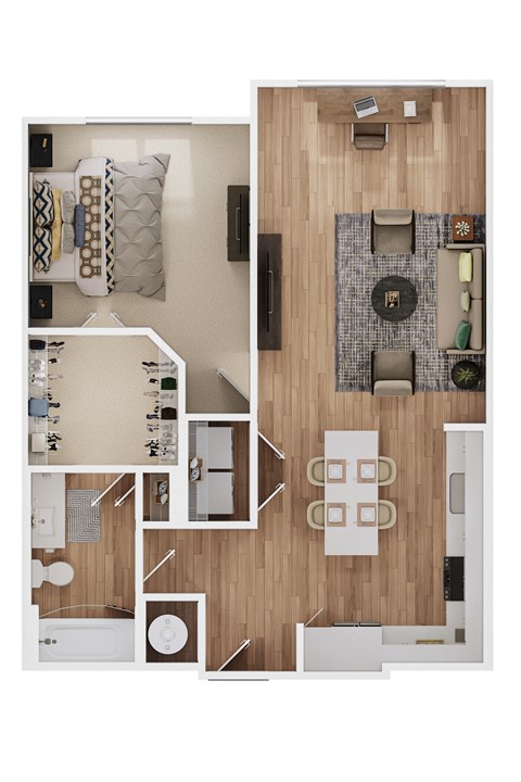 a stylized floor plan of a house with a bedroom and a living room