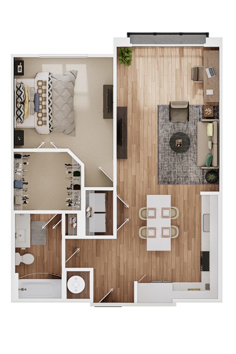 a stylized floor plan of a house with a bedroom and a living room