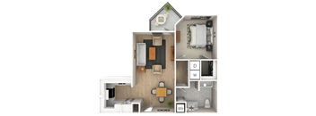 A 3D floor plan of a house showing a kitchen, living room, dining room, and bathroom.