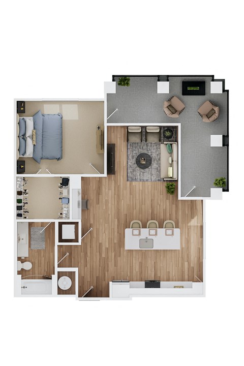 a stylized floor plan of a home with a bedroom and a living room