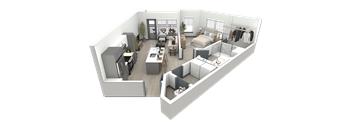 a 3d floor plan of a bedroom and living room