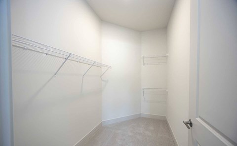 A white closet with a grey carpet and a door on the right.