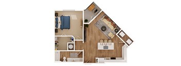 a stylized floor plan with a bedroom and a living room