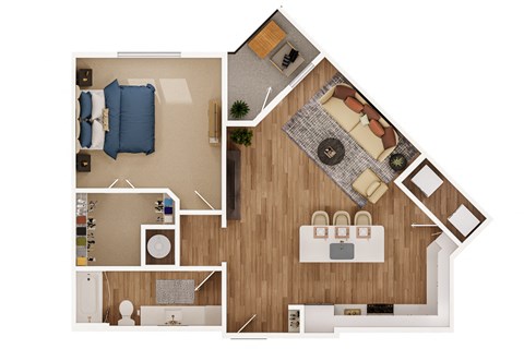 a stylized floor plan with a bedroom and a living room
