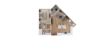 a stylized floor plan of a house with a bedroom and a living room
