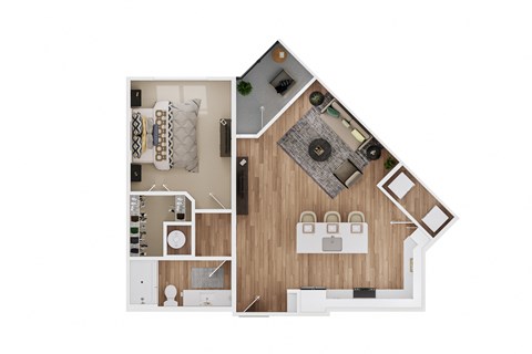 a stylized floor plan of a house with a bedroom and a living room
