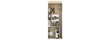 A floor plan of a small apartment with a kitchen, living room, and bedroom.