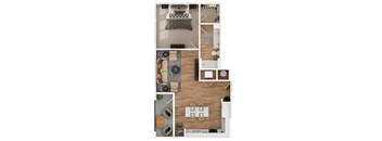 a stylized rendering of a 1 bedroom floor plan with a bathroom and living room