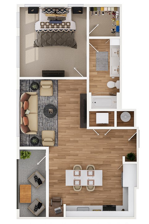 a stylized rendering of a 1 bedroom floor plan with a bathroom and living room