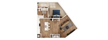 a stylized floor plan with a bedroom and living room