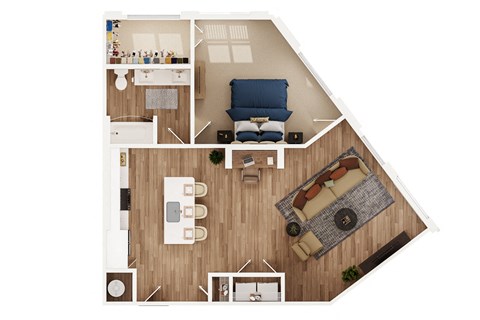 a stylized floor plan with a bedroom and living room