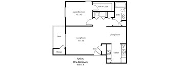 A floor plan of a one bedroom apartment with a deck and a walk-in closet.
