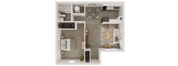 a stylized floor plan with a bedroom and a living room