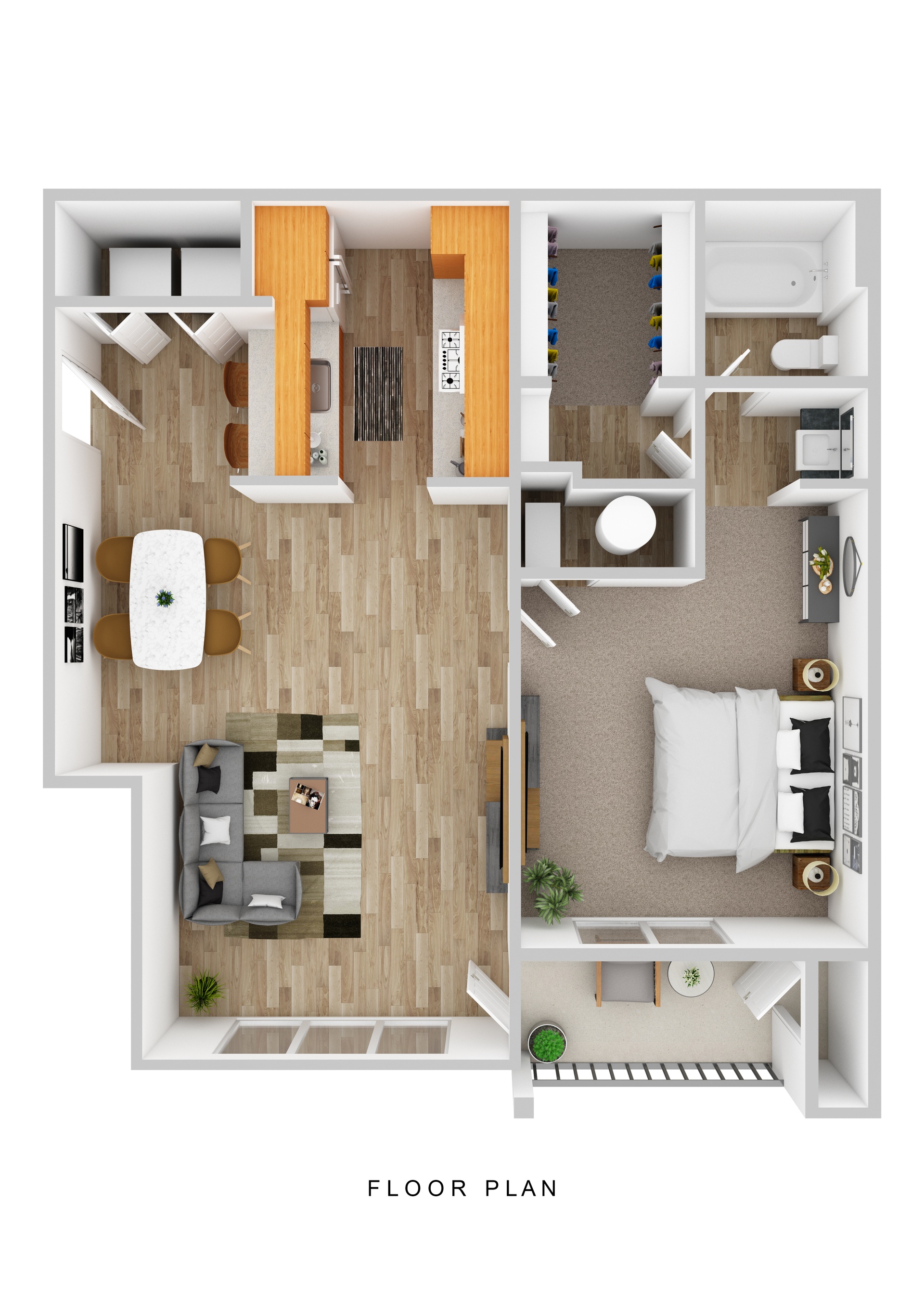 A floor plan of a small apartment with a living room, kitchen, and bathroom.