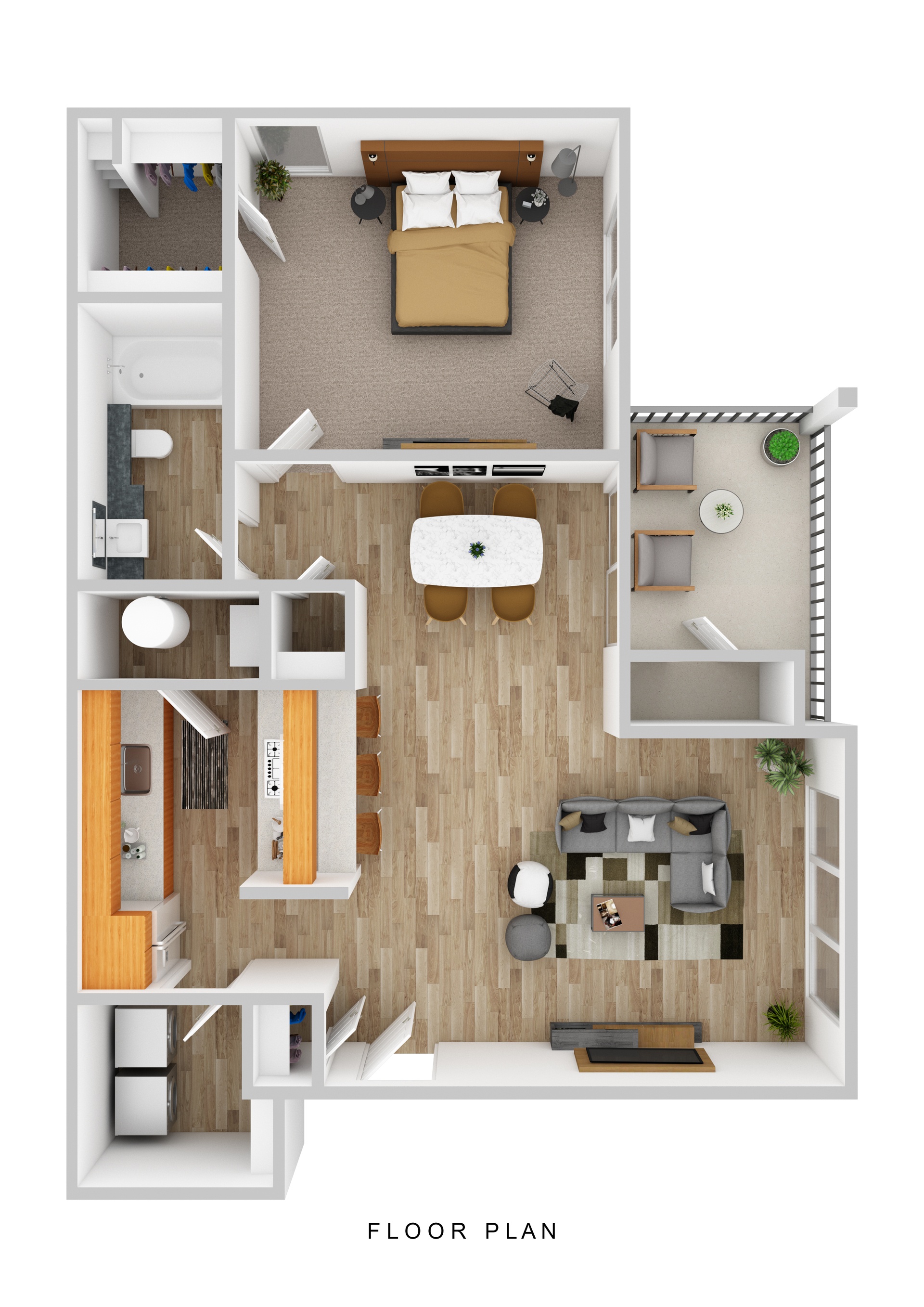 A floor plan of a small apartment with a kitchen, living room, and bedroom.