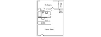 A floor plan of a living space with a bedroom, kitchen, and living room.