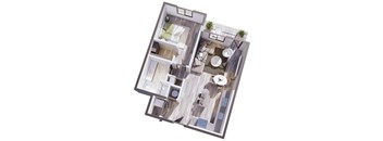 A top-down view of a modern apartment layout.