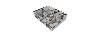 A 3D rendered image of a modern apartment layout.