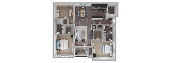 A top-down view of a house layout with a dining area, living room, kitchen, and bedrooms.