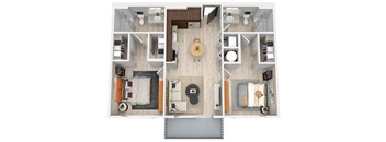 A top-down view of a small apartment with a kitchen, living room, and bedroom.