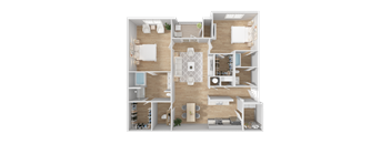 a 3d floor plan of a living room with a bedroom and a kitchen